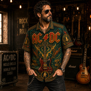 AC/DC Hawaiian Shirt, Back in Black Hard Rock Button Up, Hells Bells Music Fan Gift