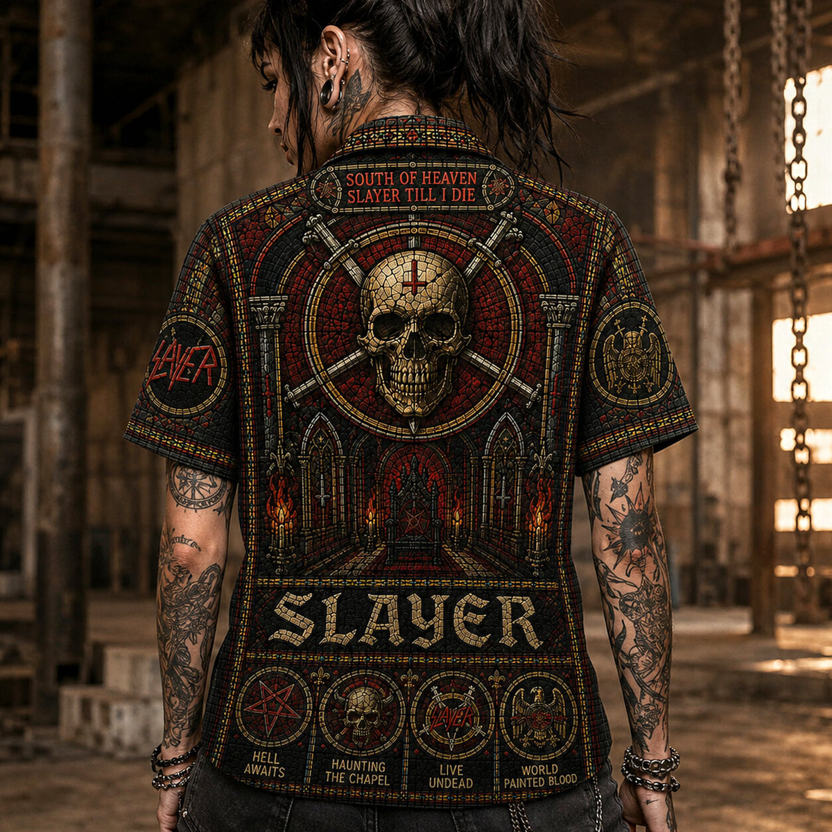 Slayer Stained Glass Hawaiian Shirt, Retro Concert Artwork Button Up, Rock Music Collector Gift