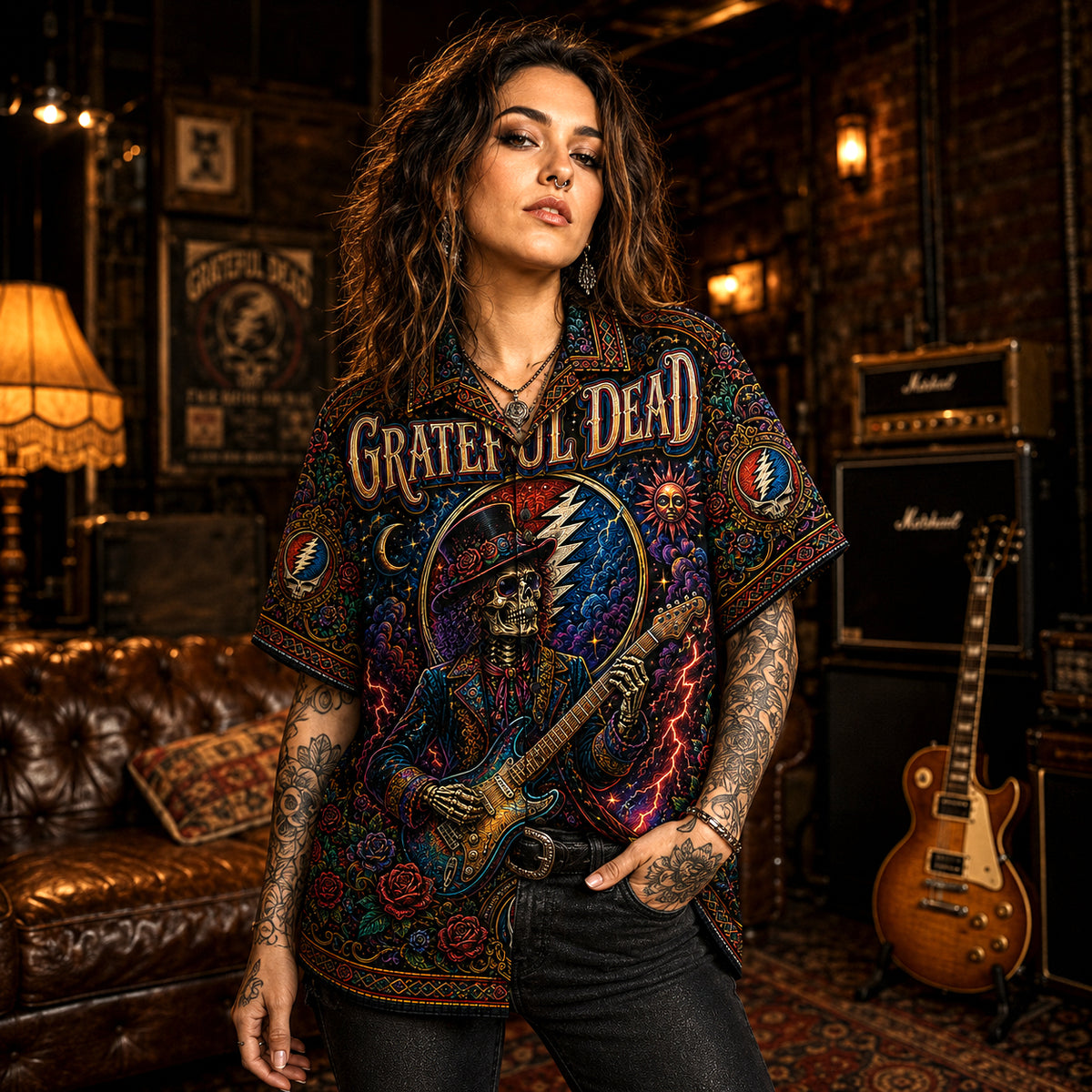 Grateful Dead Hawaiian Shirt, Skull and Roses Button Up, Psychedelic Concert Fan Gift