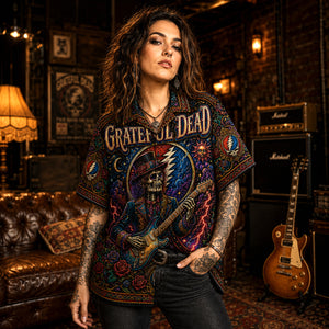Grateful Dead Hawaiian Shirt, Skull and Roses Button Up, Psychedelic Concert Fan Gift