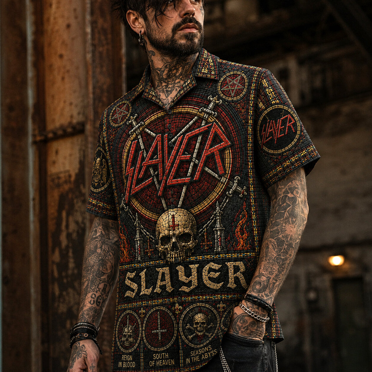 Slayer Stained Glass Hawaiian Shirt, Retro Concert Artwork Button Up, Rock Music Collector Gift