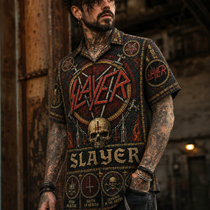 Slayer Stained Glass Hawaiian Shirt, Retro Concert Artwork Button Up, Rock Music Collector Gift