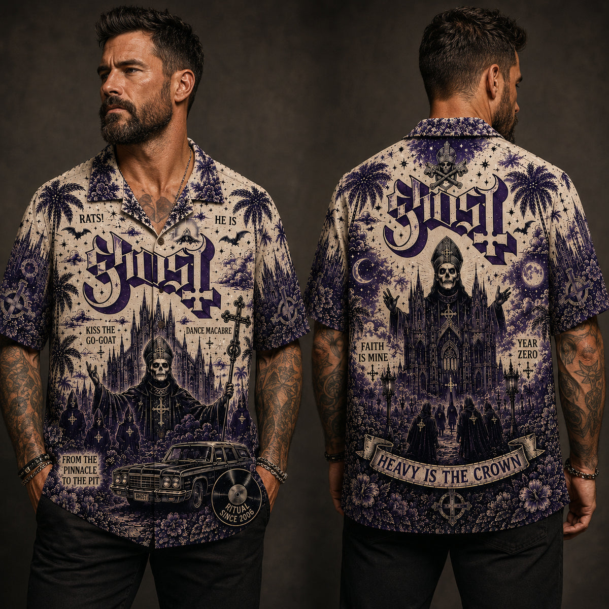 Ghost Heavy Is the Crown Hawaiian Shirt, Classic Album Style Button Up, Vintage Music Fan Gift