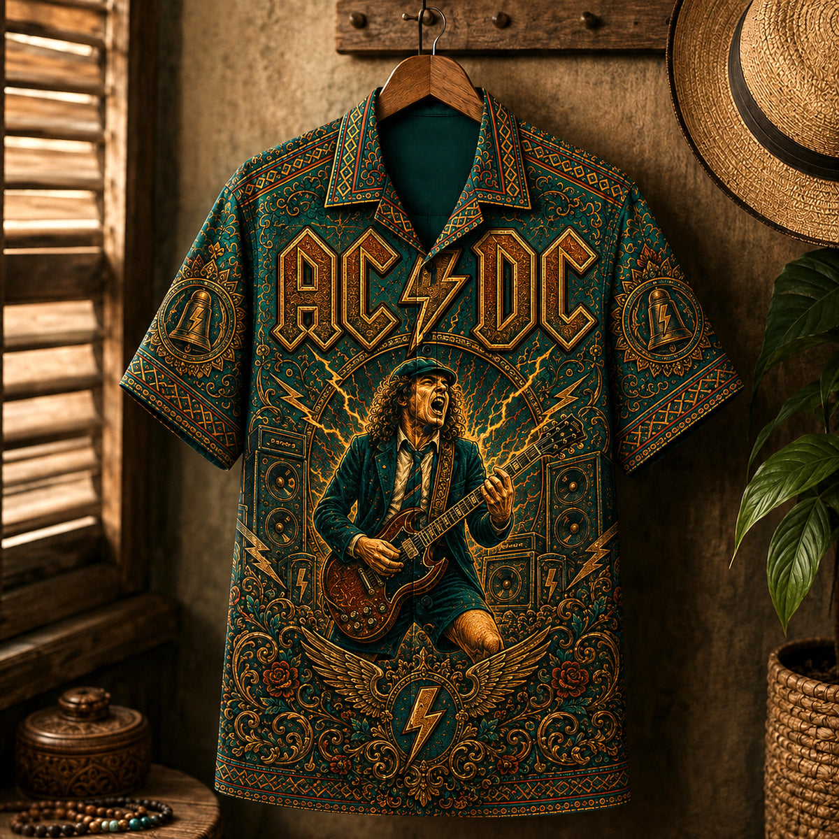 AC/DC Hawaiian Shirt, Hells Bells Button Up, Back in Black Music Fan Gift