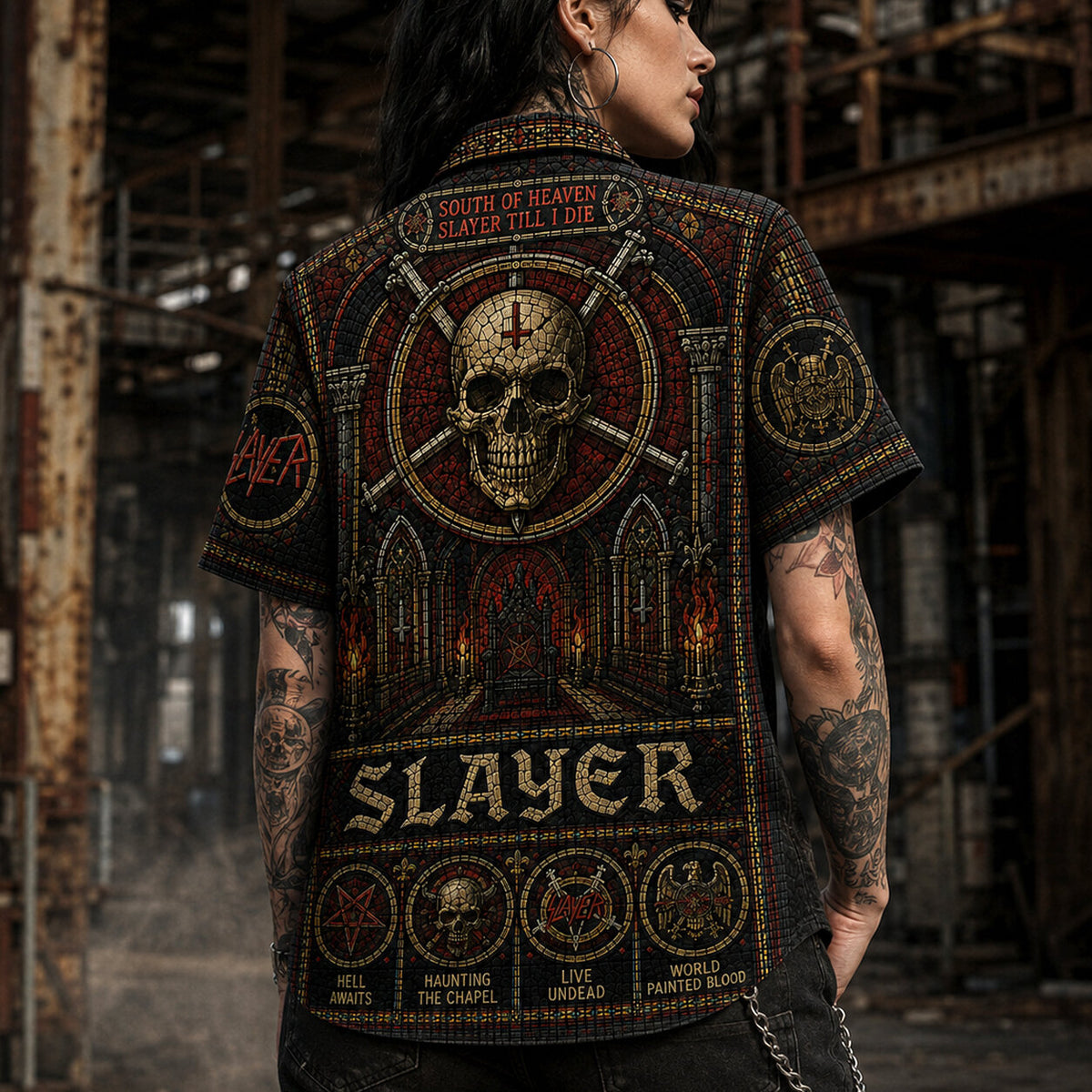 Slayer Stained Glass Hawaiian Shirt, Retro Concert Artwork Button Up, Rock Music Collector Gift