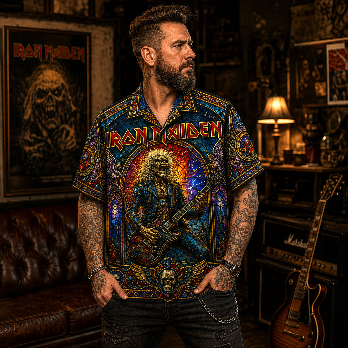 Iron Maiden Hawaiian Shirt, Eddie Mascot NWOBHM Button Up, The Trooper Metal Fan Gift