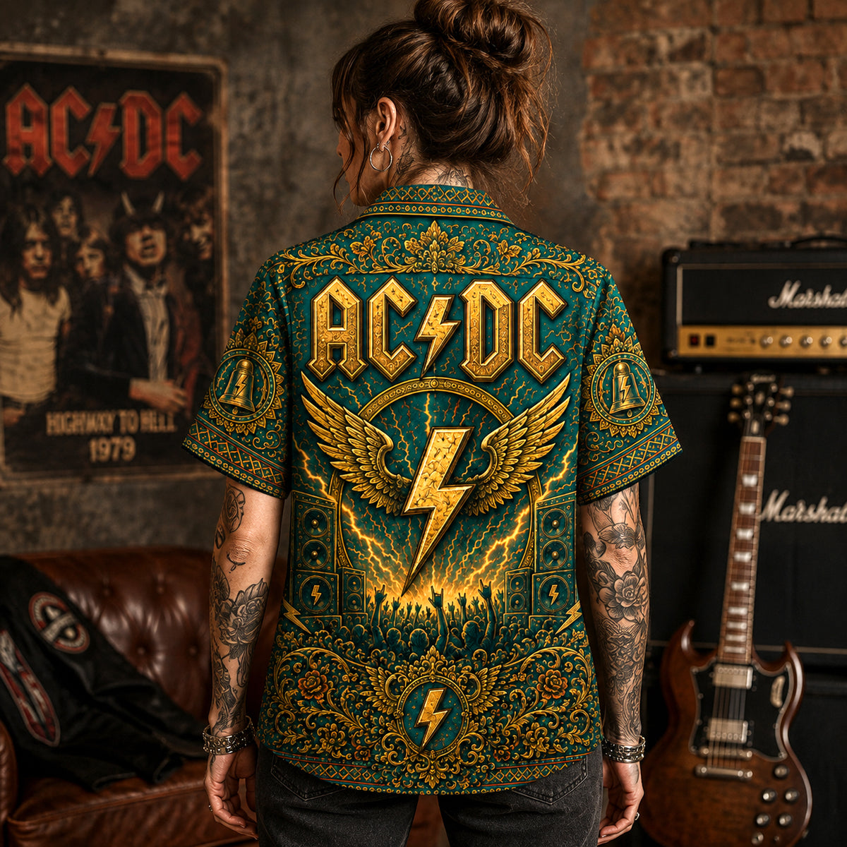 AC/DC Hawaiian Shirt, Hells Bells Button Up, Back in Black Music Fan Gift