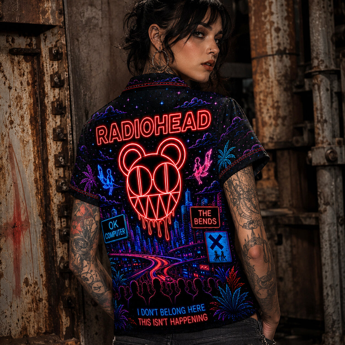 Radiohead Neon Hawaiian Shirt, OK Computer Alternative Rock Button Up, Kid A Music Collector Gift