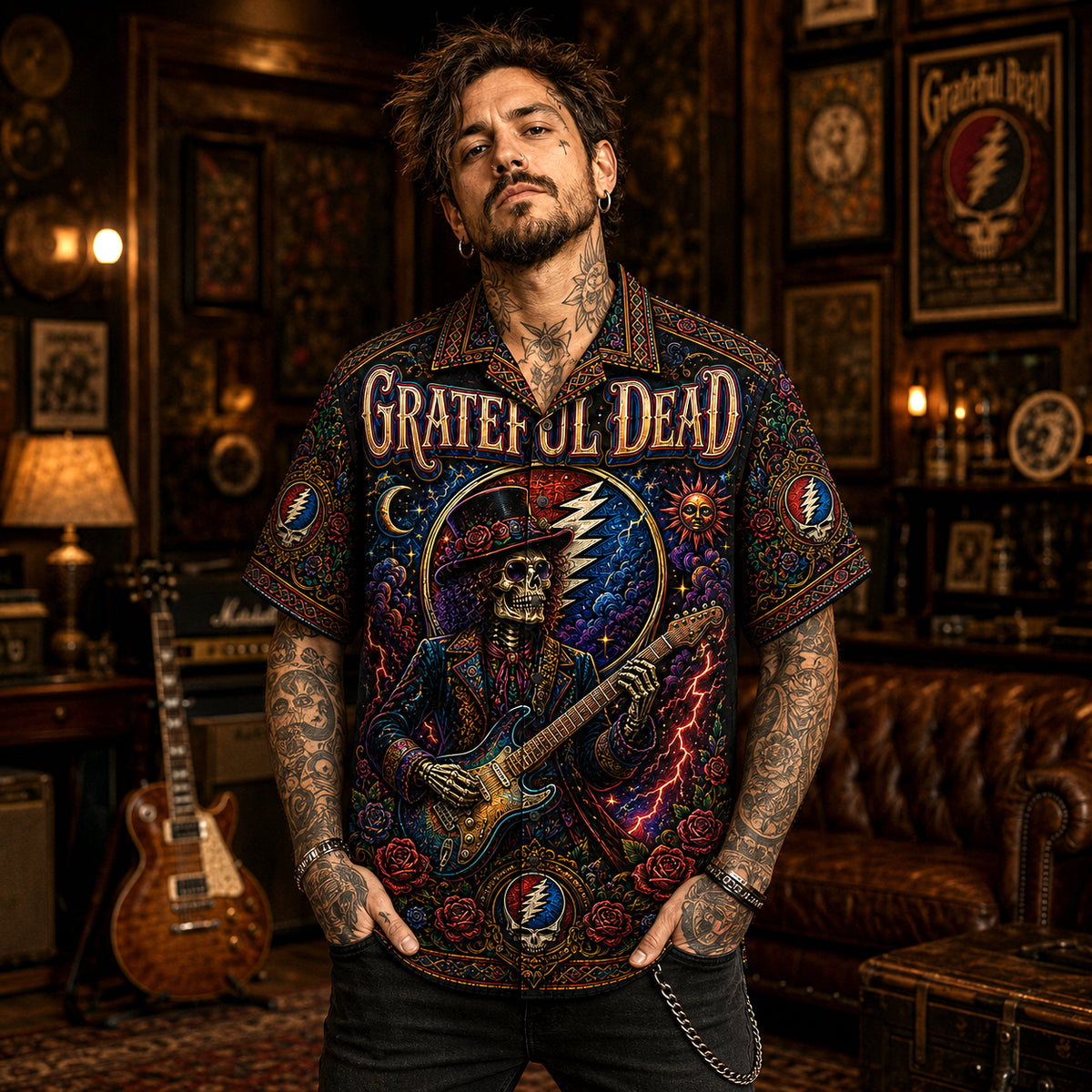 Grateful Dead Hawaiian Shirt, Skull and Roses Button Up, Psychedelic Concert Fan Gift
