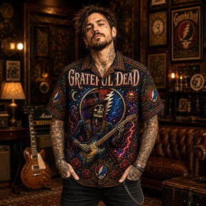 Grateful Dead Hawaiian Shirt, Skull and Roses Button Up, Psychedelic Concert Fan Gift