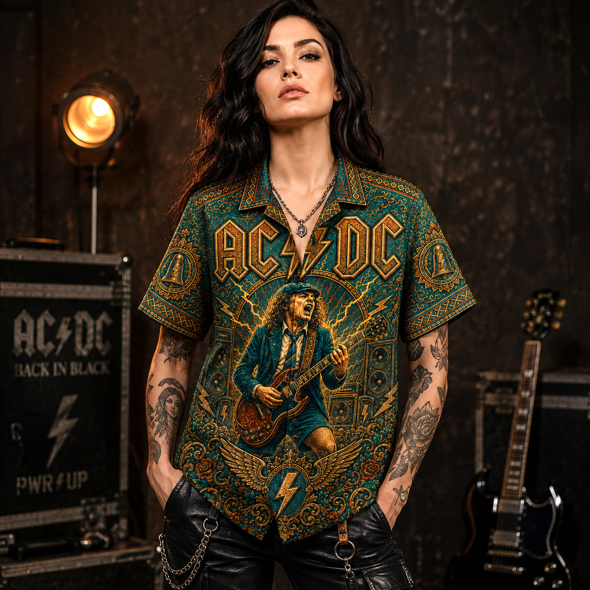 AC/DC Hawaiian Shirt, Hells Bells Button Up, Back in Black Music Fan Gift