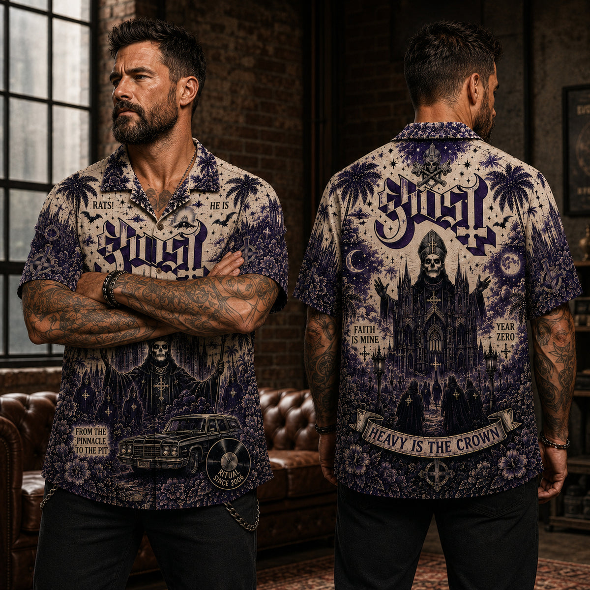 Ghost Heavy Is the Crown Hawaiian Shirt, Classic Album Style Button Up, Vintage Music Fan Gift