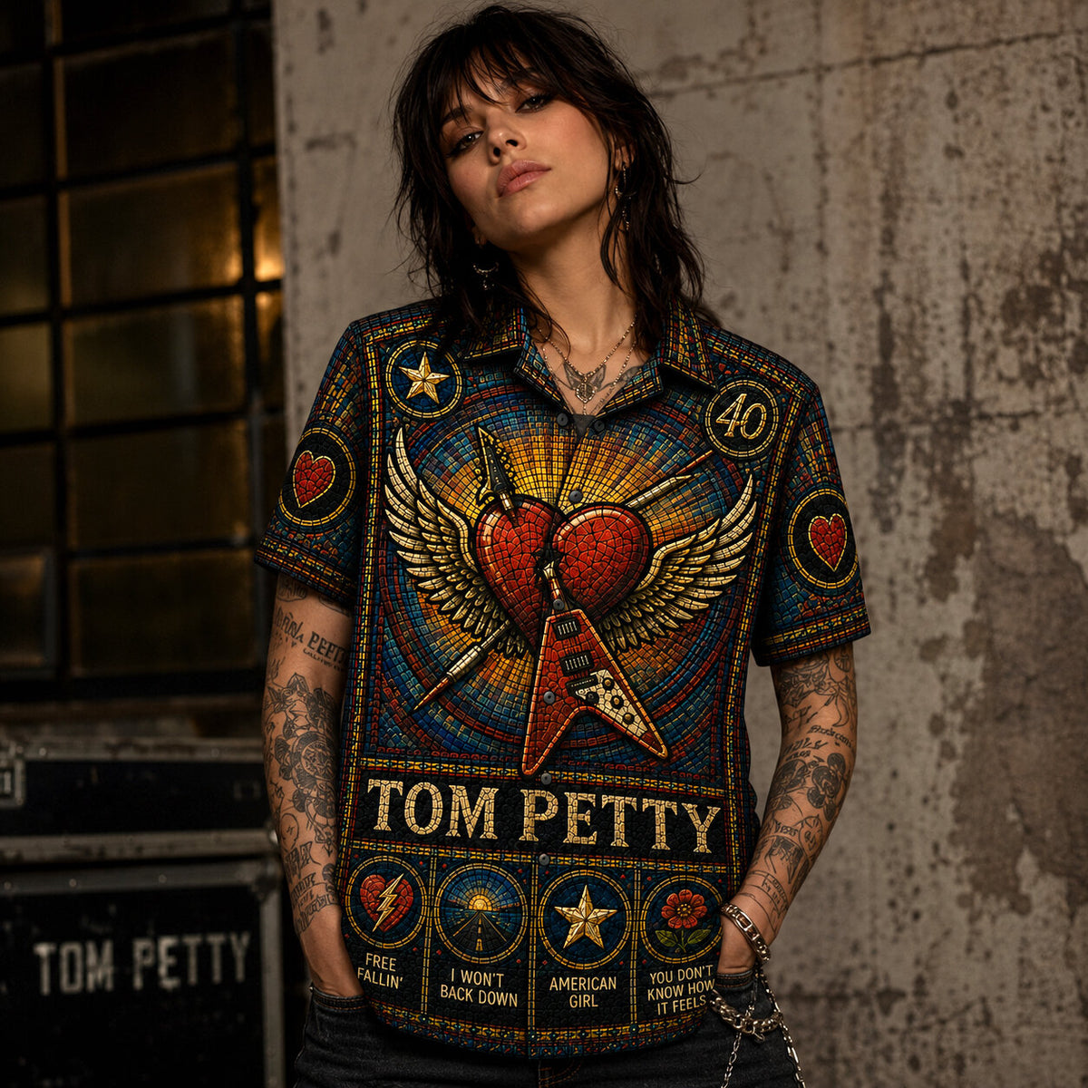 Tom Petty Stained Glass Hawaiian Shirt, Retro Concert Artwork Button Up, Rock Music Collector Gift