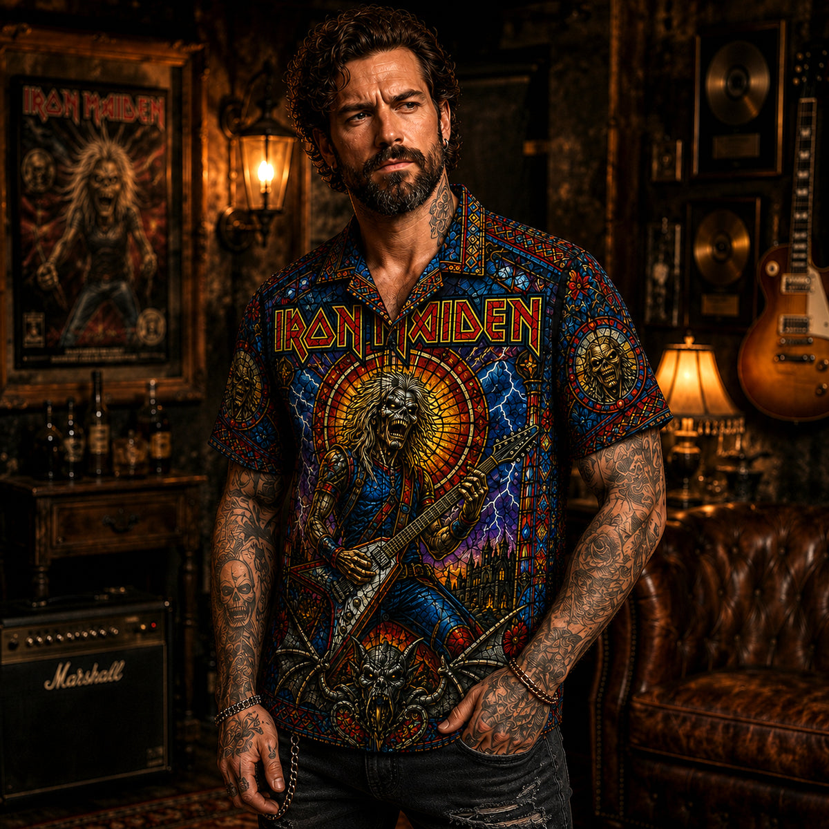 Iron Maiden Hawaiian Shirt, Powerslave Era Metal Button Up, Aces High Rock Fan Gift