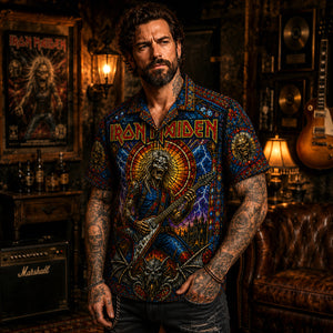 Iron Maiden Hawaiian Shirt, Powerslave Era Metal Button Up, Aces High Rock Fan Gift