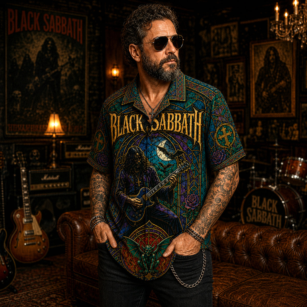 Black Sabbath Hawaiian Shirt, Iron Heavy Rock Button Up, Ozzy Era Music Fan Gift