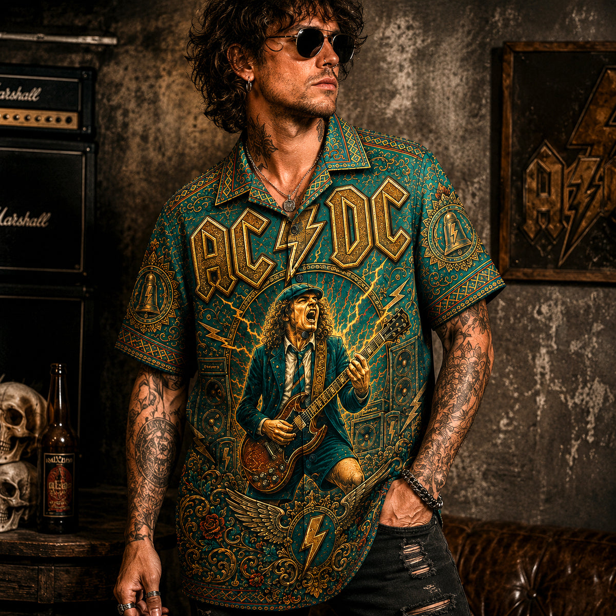AC/DC Hawaiian Shirt, Hells Bells Button Up, Back in Black Music Fan Gift