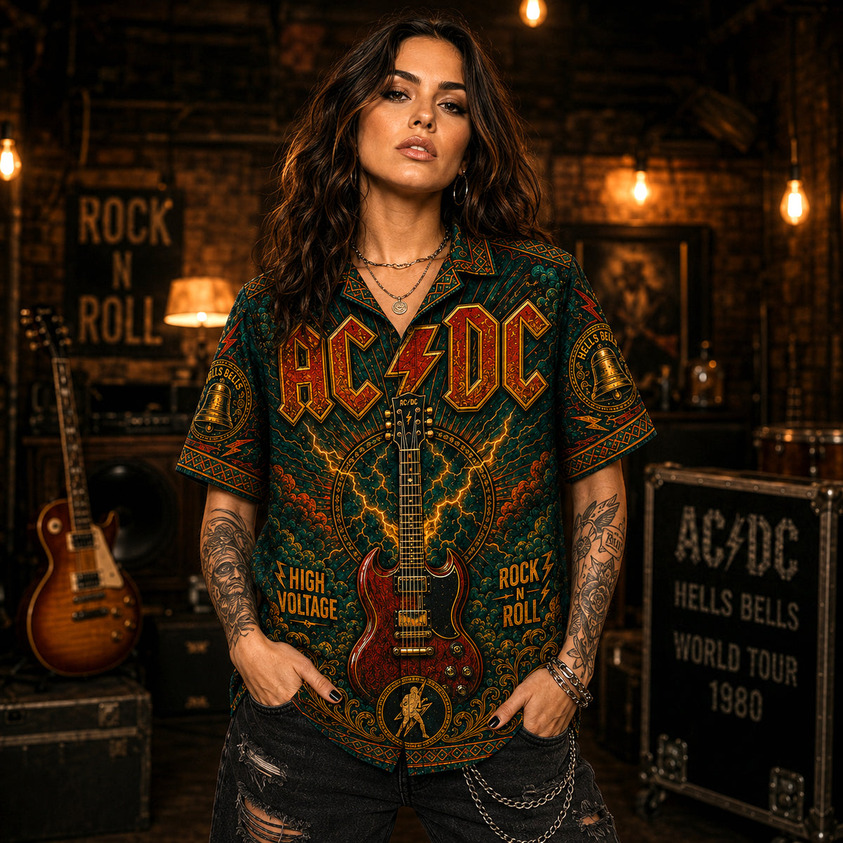 AC/DC Hawaiian Shirt, Back in Black Hard Rock Button Up, Hells Bells Music Fan Gift