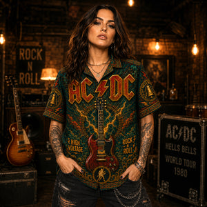 AC/DC Hawaiian Shirt, Back in Black Hard Rock Button Up, Hells Bells Music Fan Gift