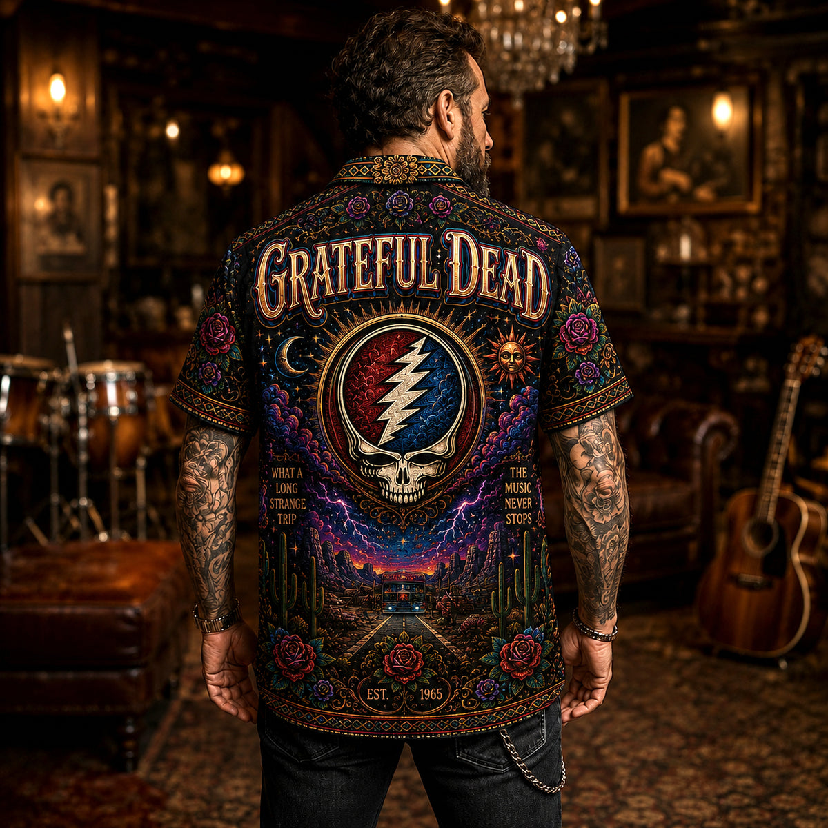 Grateful Dead Hawaiian Shirt, Skull and Roses Button Up, Psychedelic Concert Fan Gift