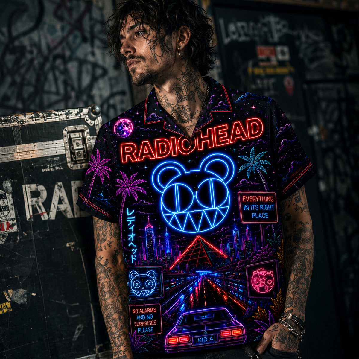 Radiohead Neon Hawaiian Shirt, OK Computer Alternative Rock Button Up, Kid A Music Collector Gift