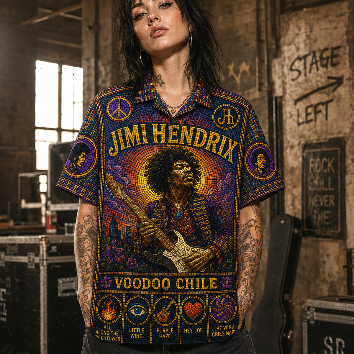 Jimi Hendrix Voodoo Chile Hawaiian Shirt, Voodoo Child Psychedelic Button Up, Purple Haze Guitar Fan Gift