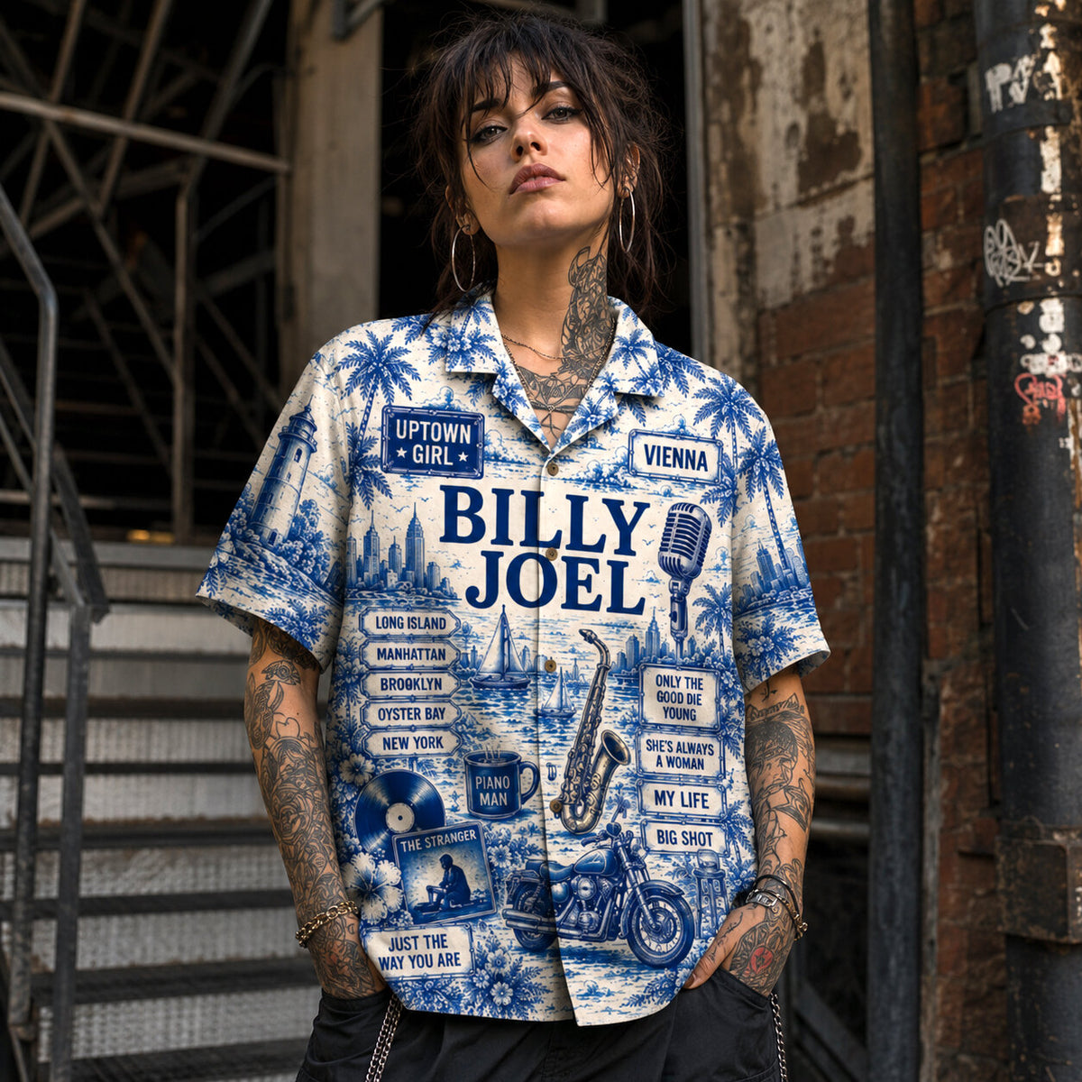 Billy Joel Toile De Jouy Hawaiian Shirt, Piano Man Pop Rock Button Up, New York Music Fan Gift