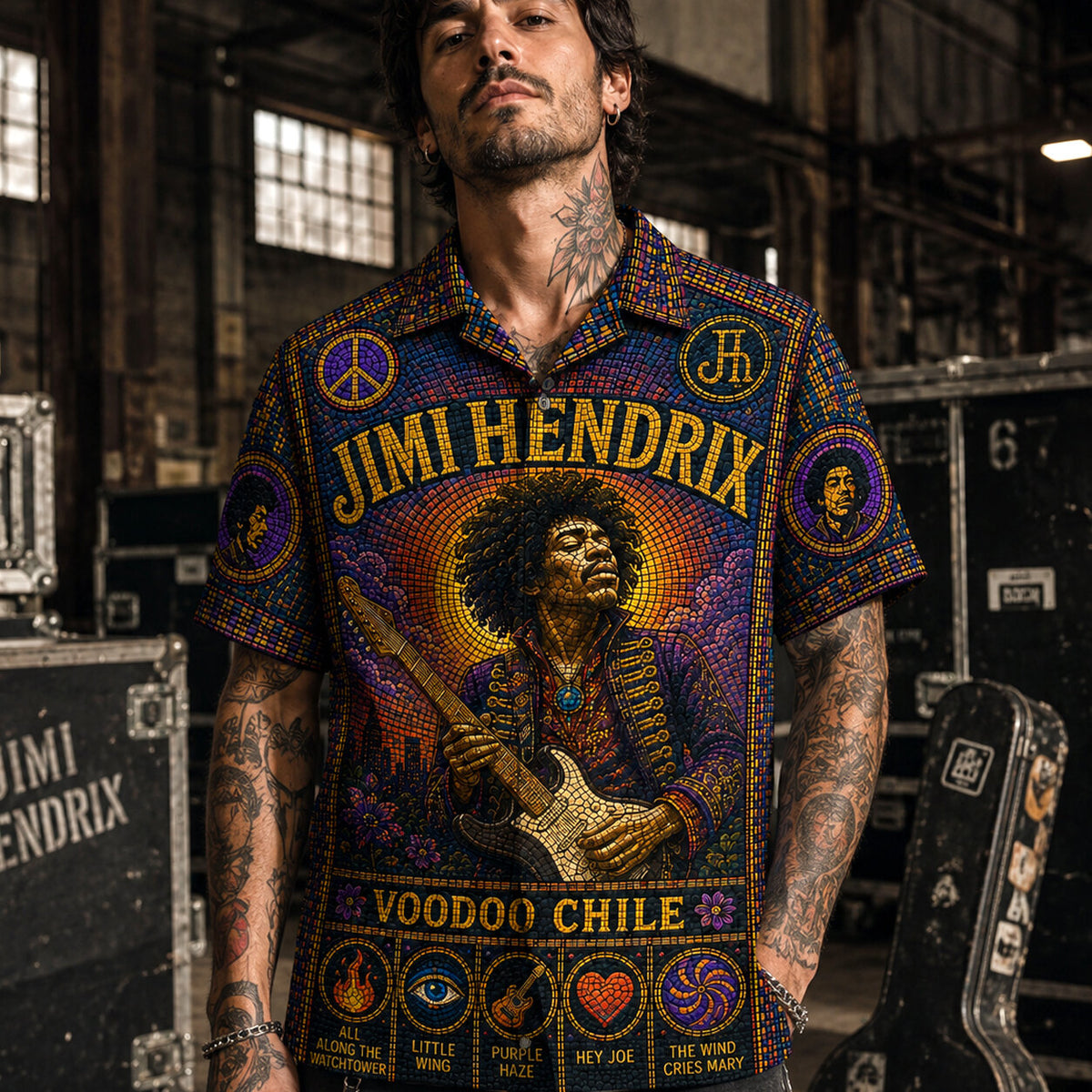 Jimi Hendrix Voodoo Chile Hawaiian Shirt, Voodoo Child Psychedelic Button Up, Purple Haze Guitar Fan Gift