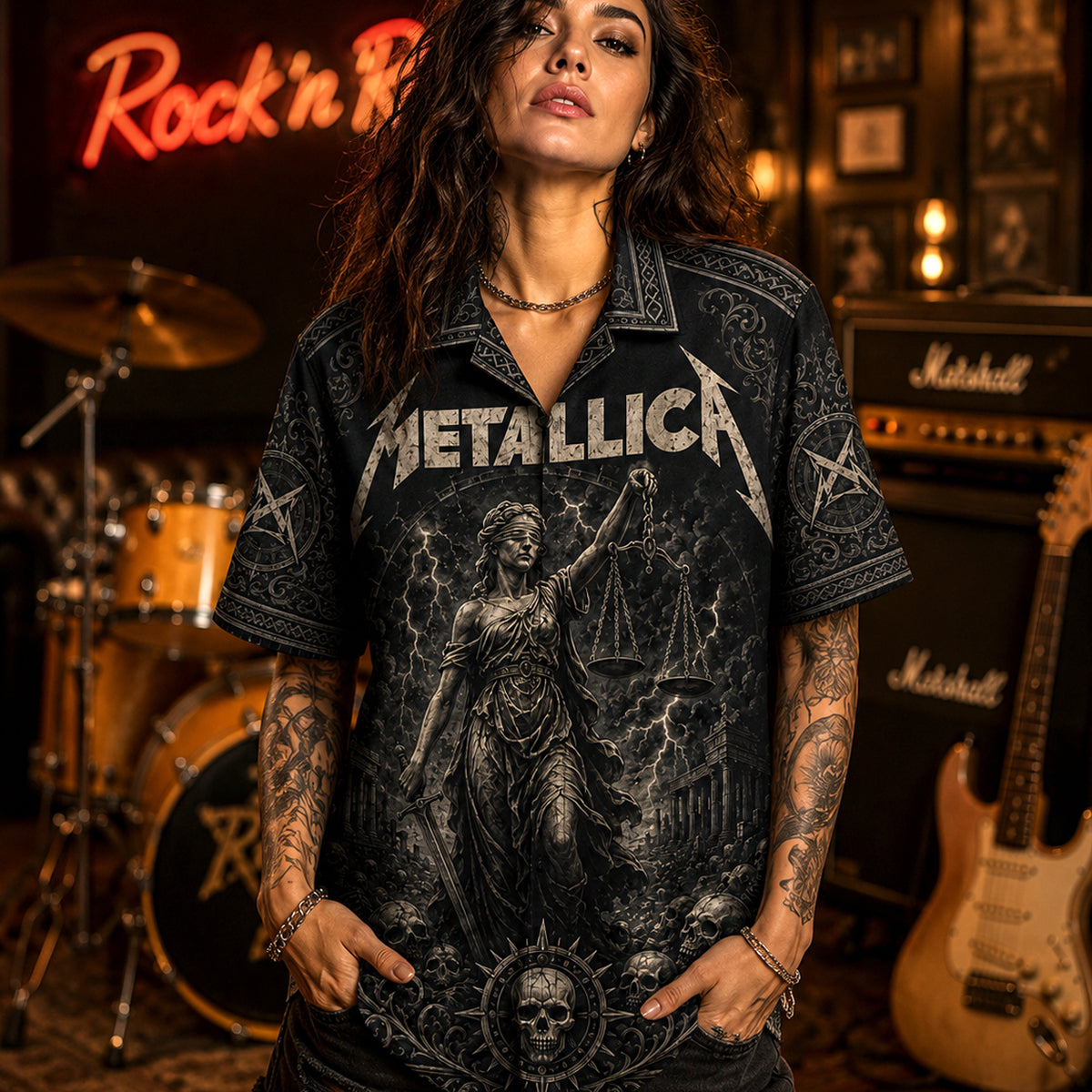 Metallica Hawaiian Shirt, Black Album Heavy Metal Button Up, Enter Sandman Fan Gift