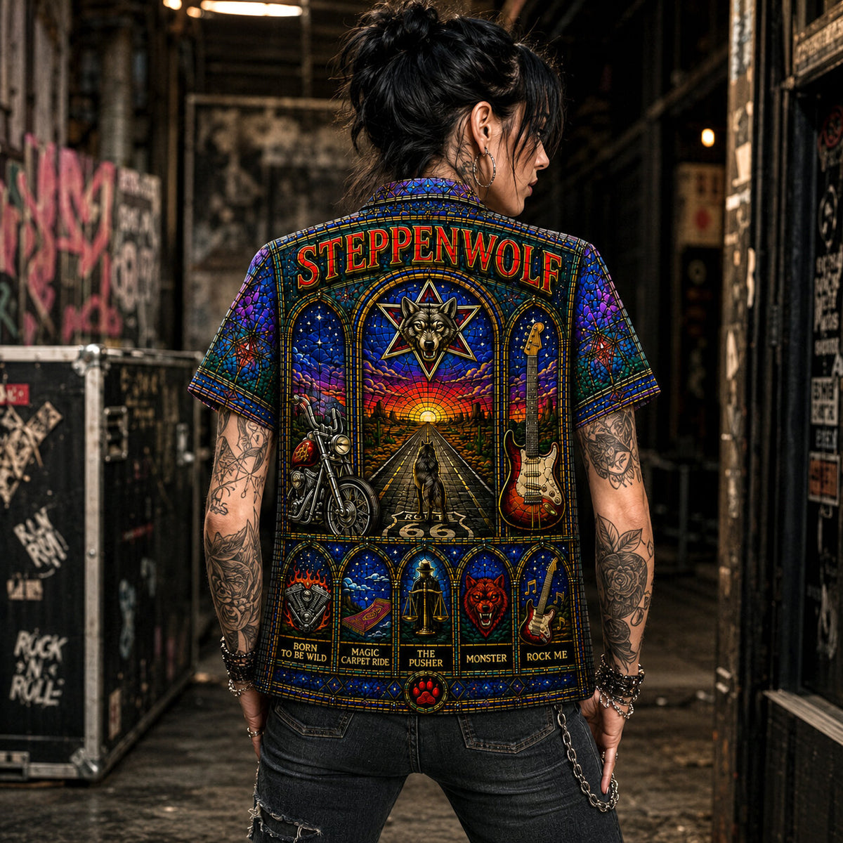 Steppenwolf Inspired Stained Glass Hawaiian Shirt, Born to Be Wild Rock Button Up, Magic Carpet Ride Fan Gift