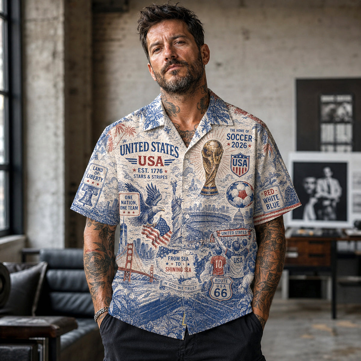 USA Stars and Stripes Soccer Hawaiian Shirt, Stars and Stripes Match Day Button Up, American Soccer Supporter Gift