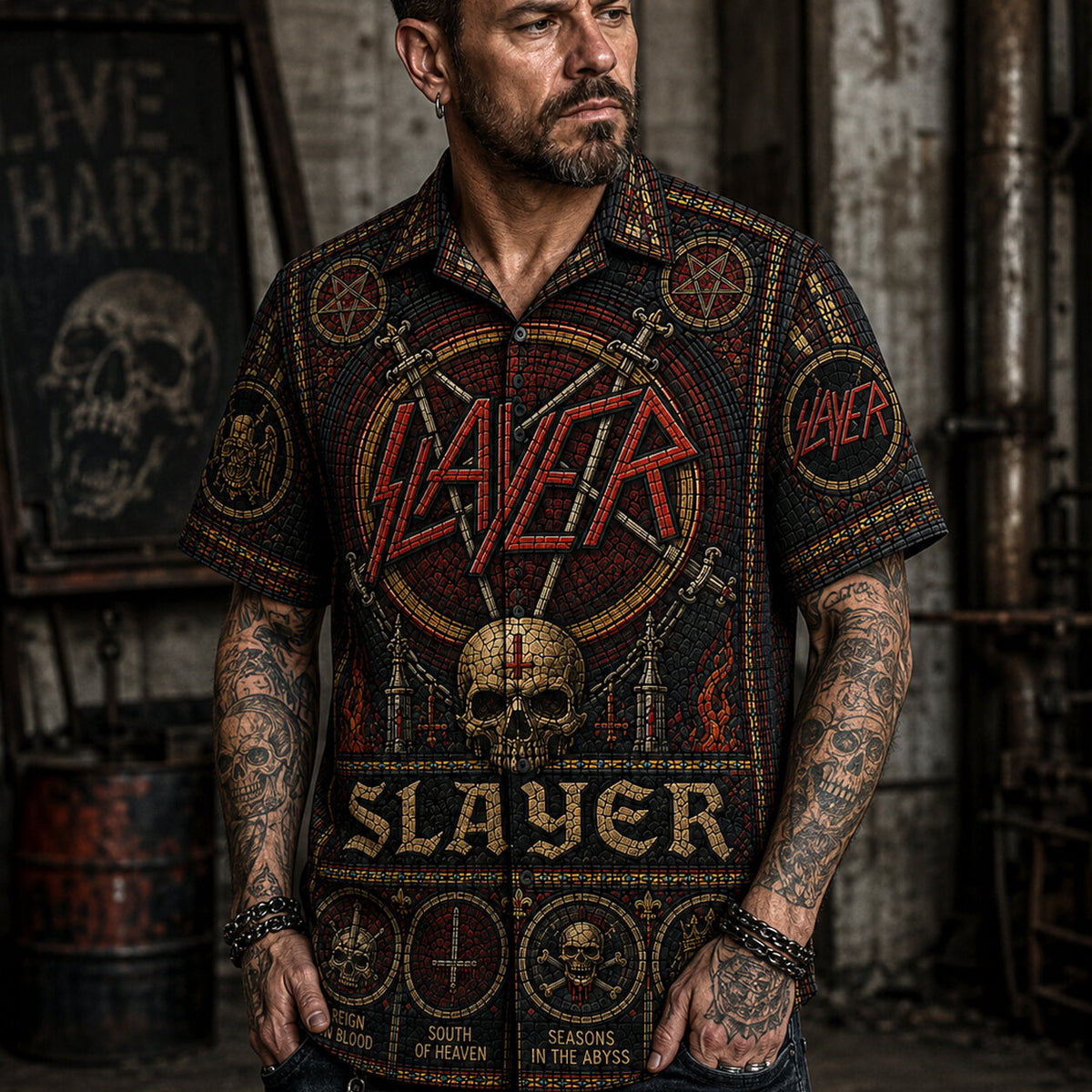 Slayer Stained Glass Hawaiian Shirt, Retro Concert Artwork Button Up, Rock Music Collector Gift
