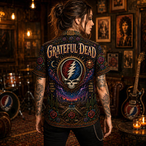 Grateful Dead Hawaiian Shirt, Skull and Roses Button Up, Psychedelic Concert Fan Gift