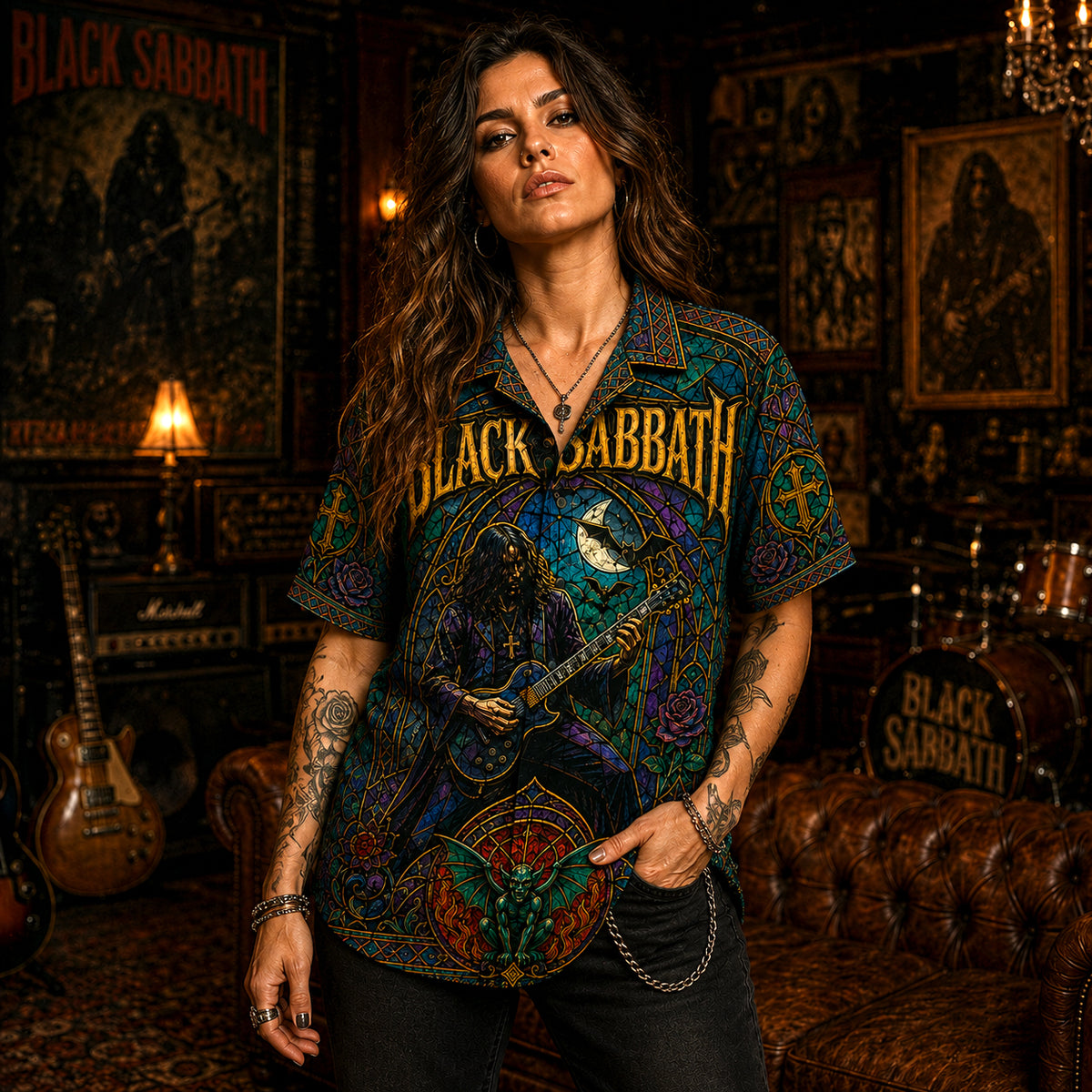 Black Sabbath Hawaiian Shirt, Iron Heavy Rock Button Up, Ozzy Era Music Fan Gift