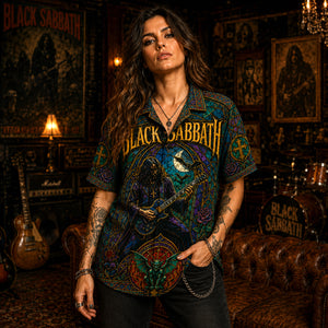 Black Sabbath Hawaiian Shirt, Iron Heavy Rock Button Up, Ozzy Era Music Fan Gift