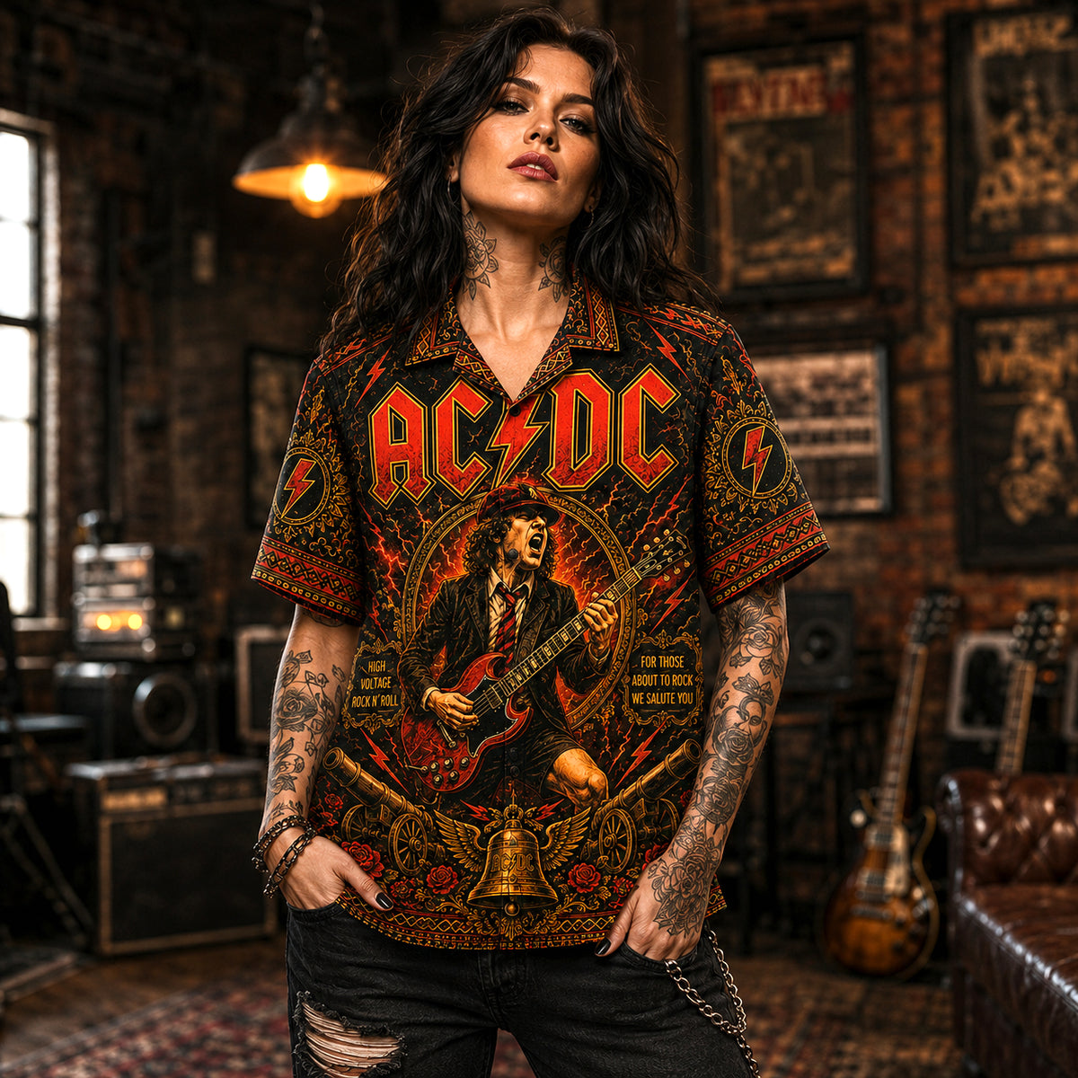 AC/DC Hawaiian Shirt, Dirty Deeds Rock Button Up, Bon Scott Era Fan Gift
