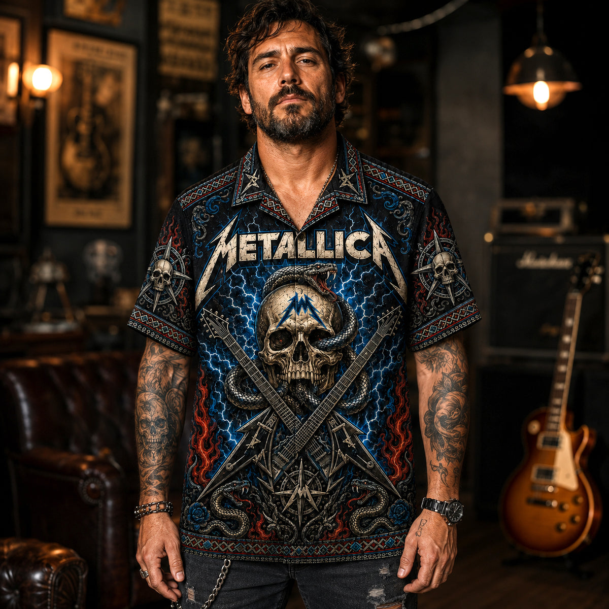 Metallica Hawaiian Shirt, Enter Sandman Button Up, Black Album Collector Gift