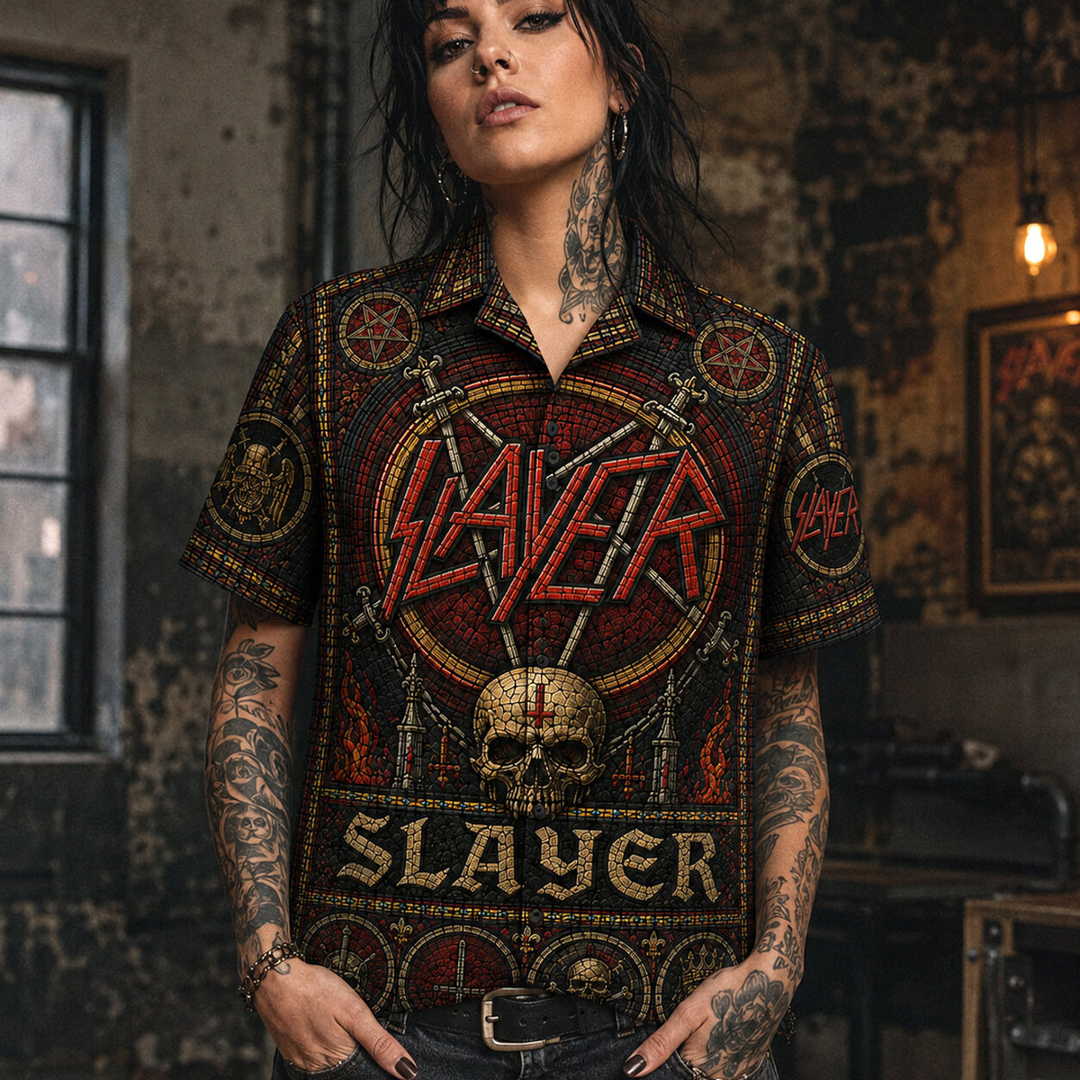 Slayer Stained Glass Hawaiian Shirt, Retro Concert Artwork Button Up, Rock Music Collector Gift