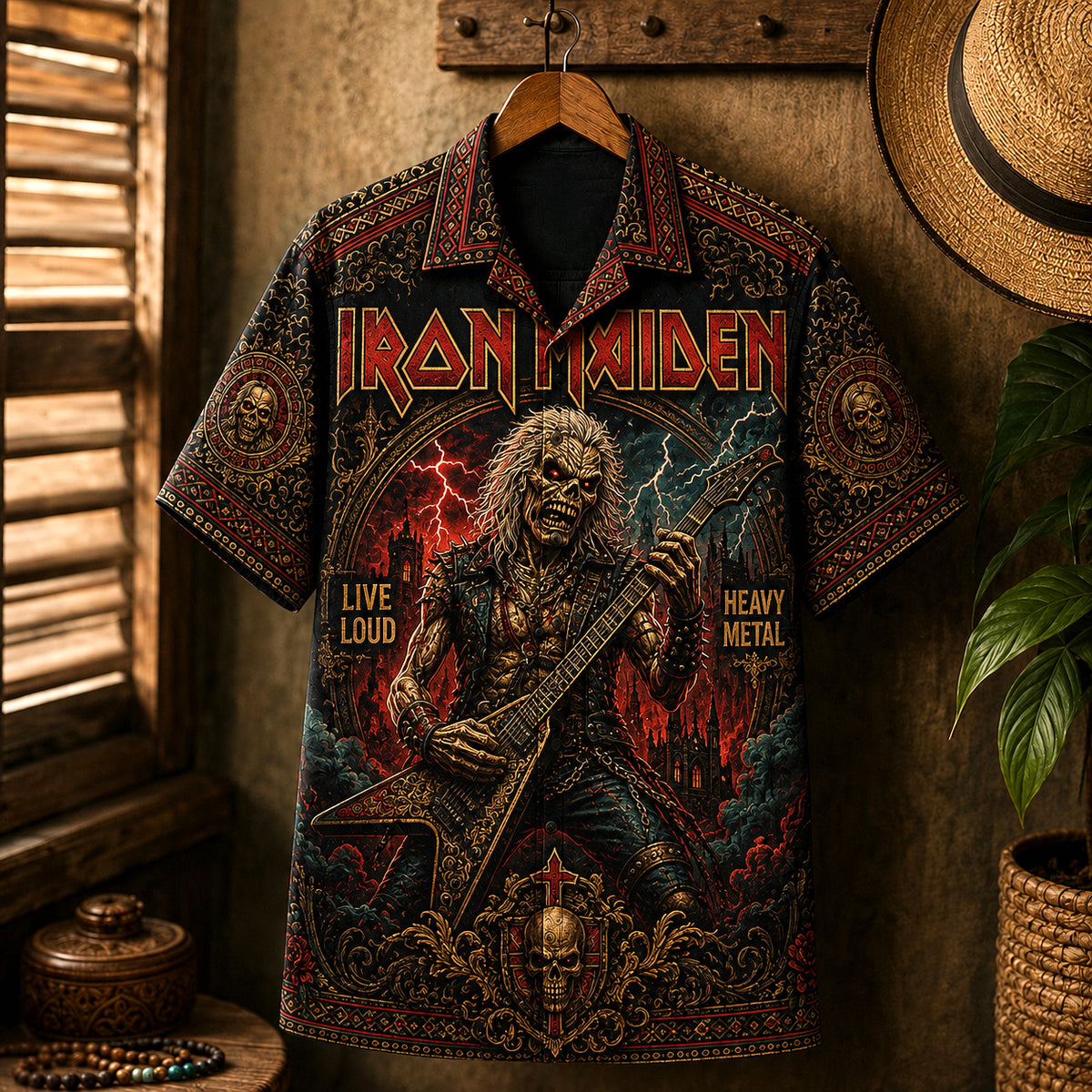 Iron Maiden Hawaiian Shirt, Aces High Metal Button Up, Eddie Artwork Fan Gift
