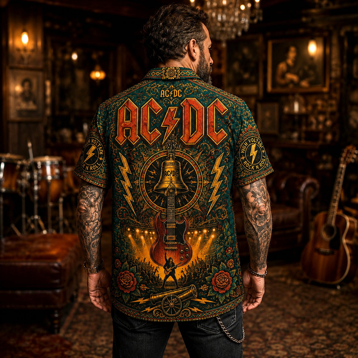 AC/DC Hawaiian Shirt, Back in Black Hard Rock Button Up, Hells Bells Music Fan Gift