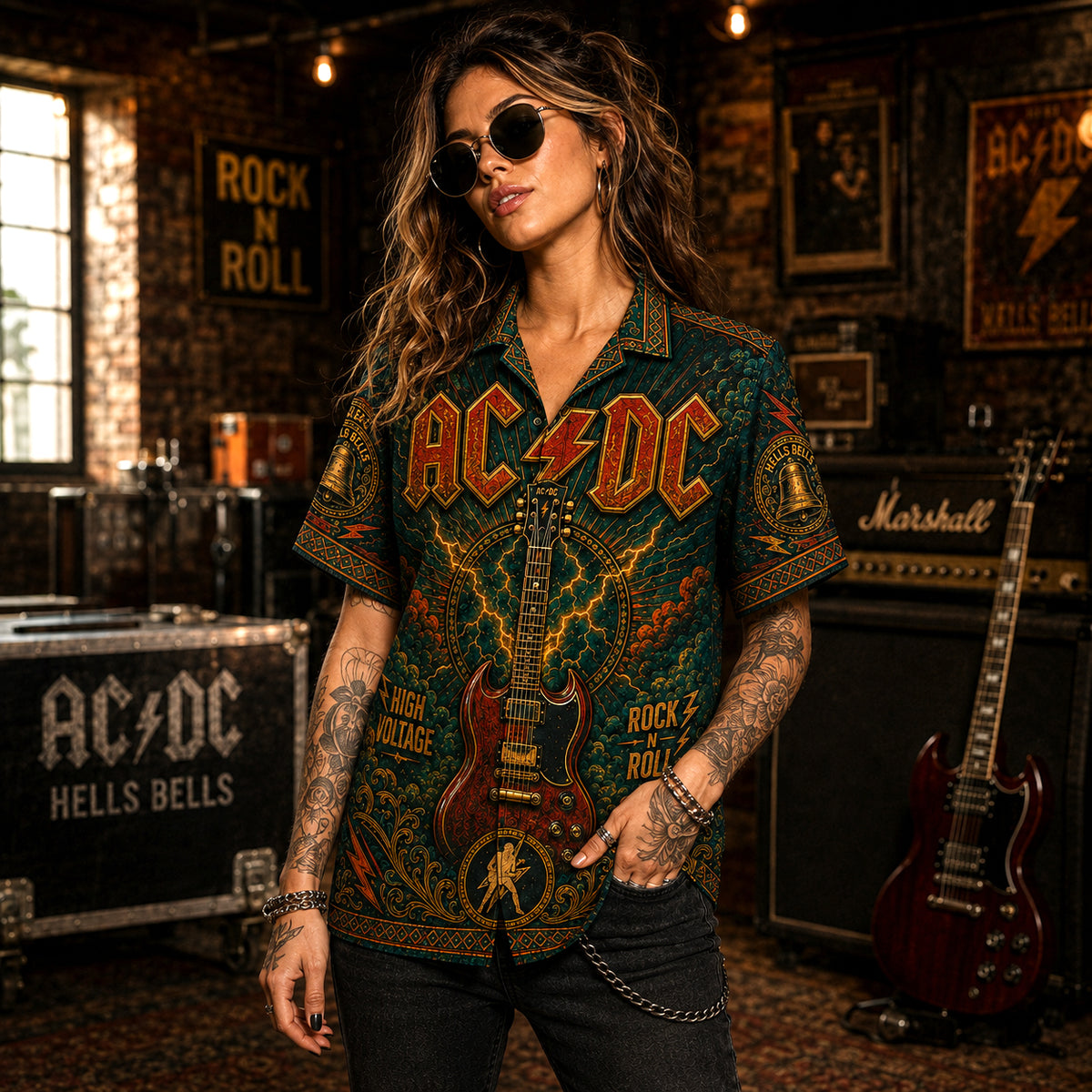 AC/DC Hawaiian Shirt, Back in Black Hard Rock Button Up, Hells Bells Music Fan Gift