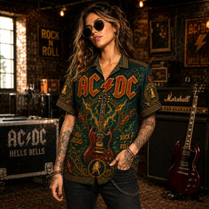 AC/DC Hawaiian Shirt, Back in Black Hard Rock Button Up, Hells Bells Music Fan Gift