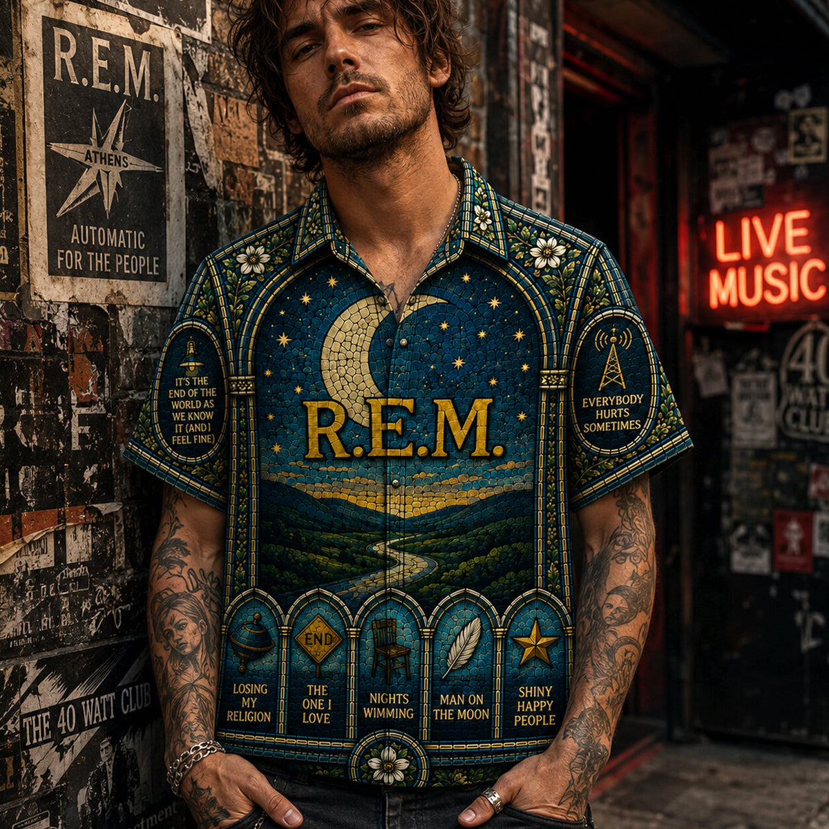 R.E.M. Hawaiian Shirt, Losing My Religion Alt Rock Button Up, Athens College Rock Fan Gift