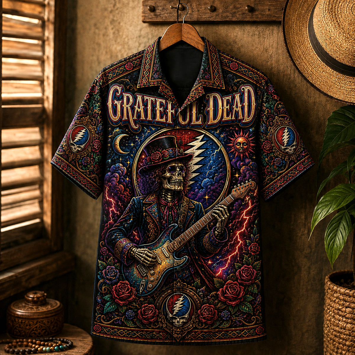 Grateful Dead Hawaiian Shirt, Skull and Roses Button Up, Psychedelic Concert Fan Gift