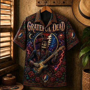 Grateful Dead Hawaiian Shirt, Skull and Roses Button Up, Psychedelic Concert Fan Gift