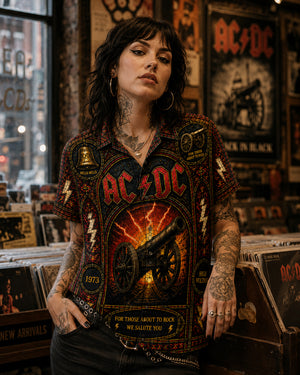 ACDC Canon Hawaiian Shirt, Iconic Music Artwork Button Up, Rock Culture Fan Gift
