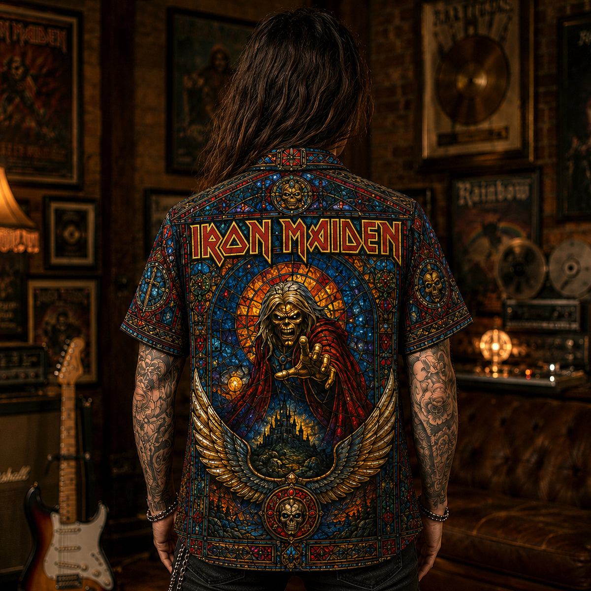 Iron Maiden Hawaiian Shirt, Powerslave Era Metal Button Up, Aces High Rock Fan Gift