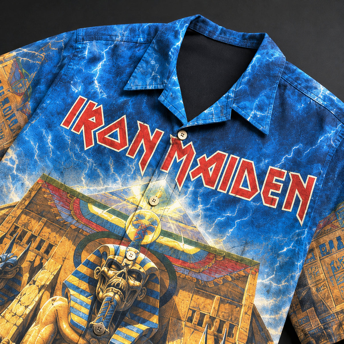 Iron Maiden Powerslave Hawaiian Shirt, 1984 Heavy Metal Button Up, Bruce Dickinson World Slavery Tour Era