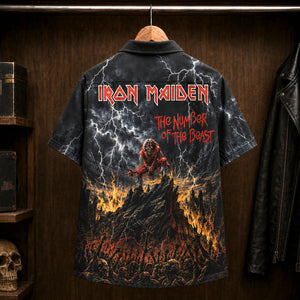 Iron Maiden The Number of the Beast Hawaiian Shirt, 1982 Heavy Metal Button Up, Bruce Dickinson Run to the Hills Era