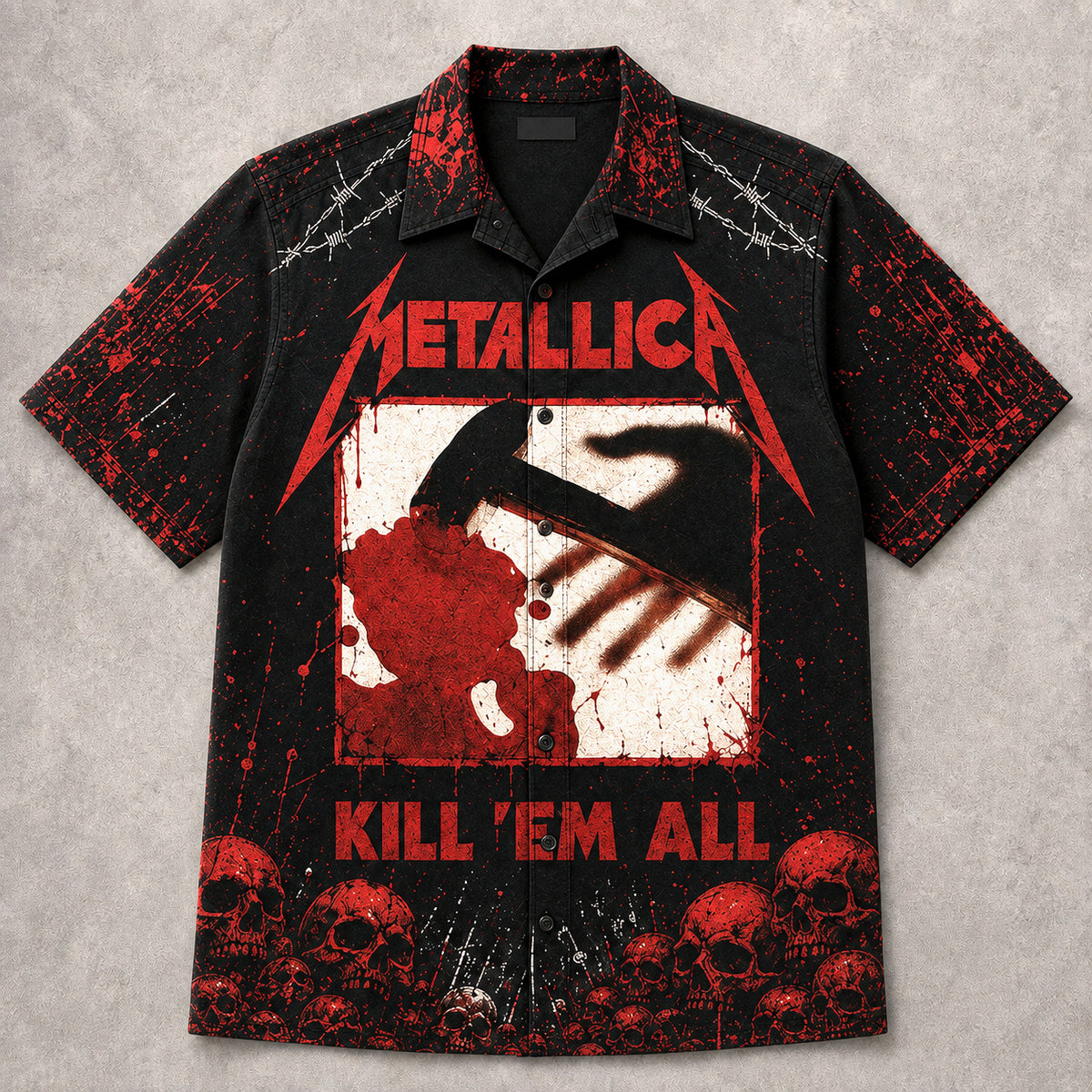 Metallica Kill 'Em All 1983 Hawaiian Shirt, Thrash Metal Button Up, James Hetfield Seek and Destroy Era